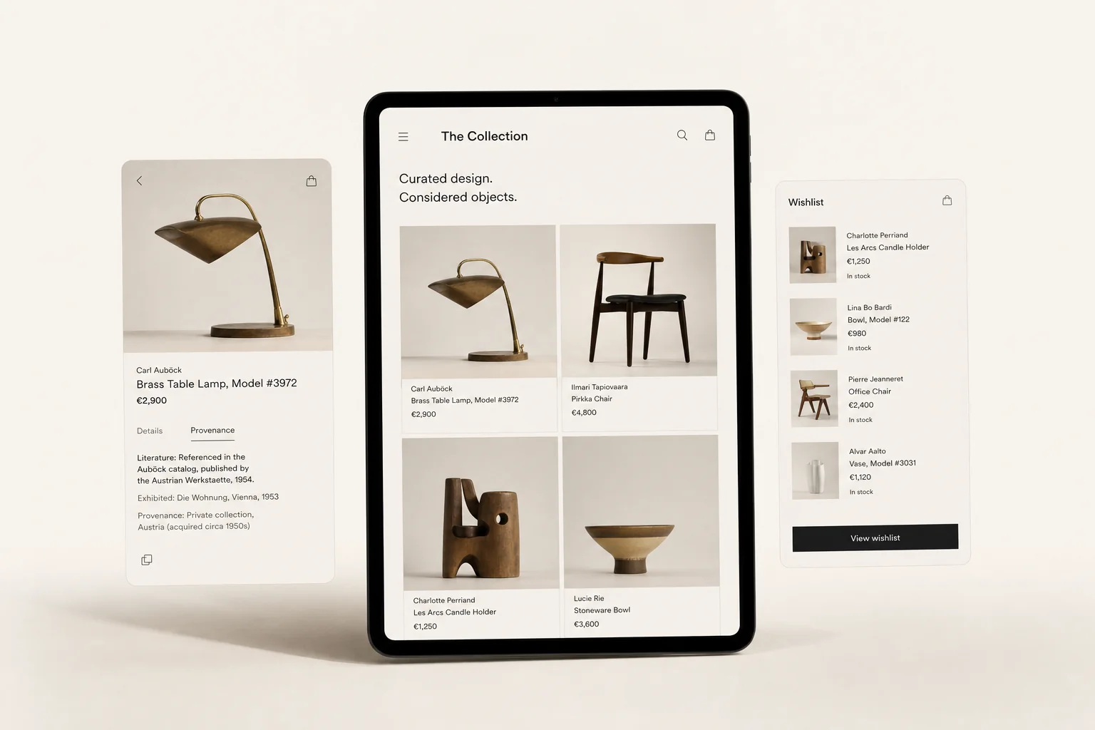 The Collection, curated marketplace shown as a premium tablet mockup