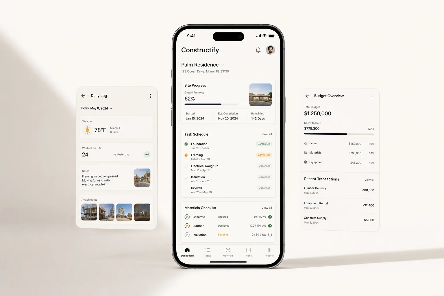 Constructify, construction management app shown as a premium phone mockup