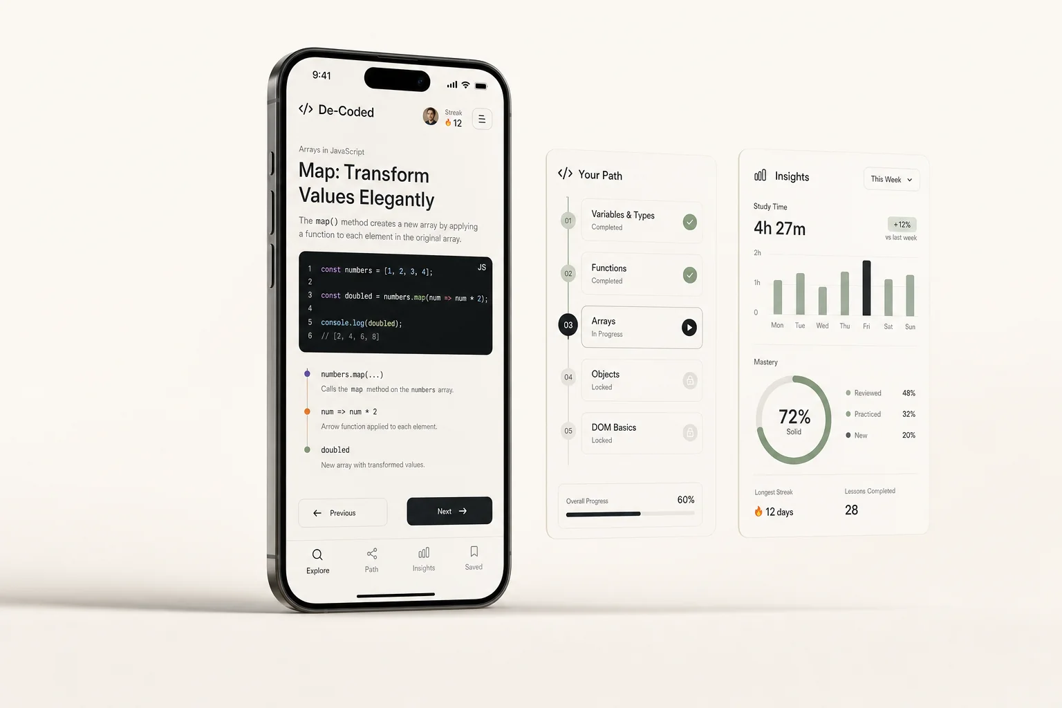 De-Coded, developer learning app shown as a premium phone mockup