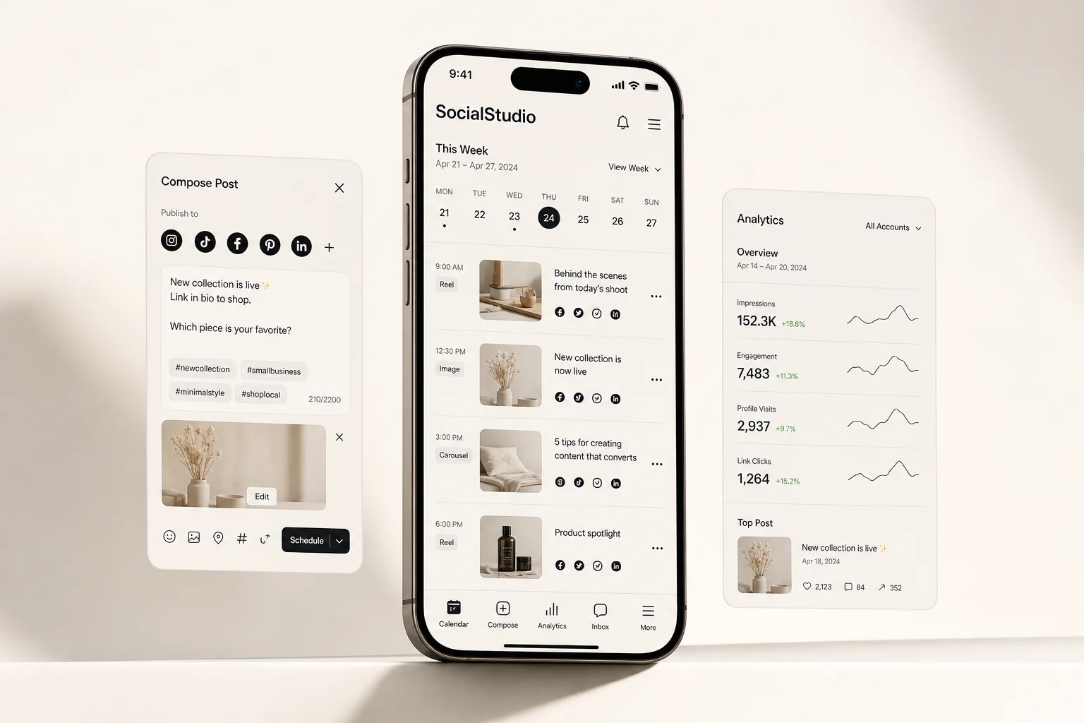 SocialStudio, social content planning app shown as a premium phone mockup