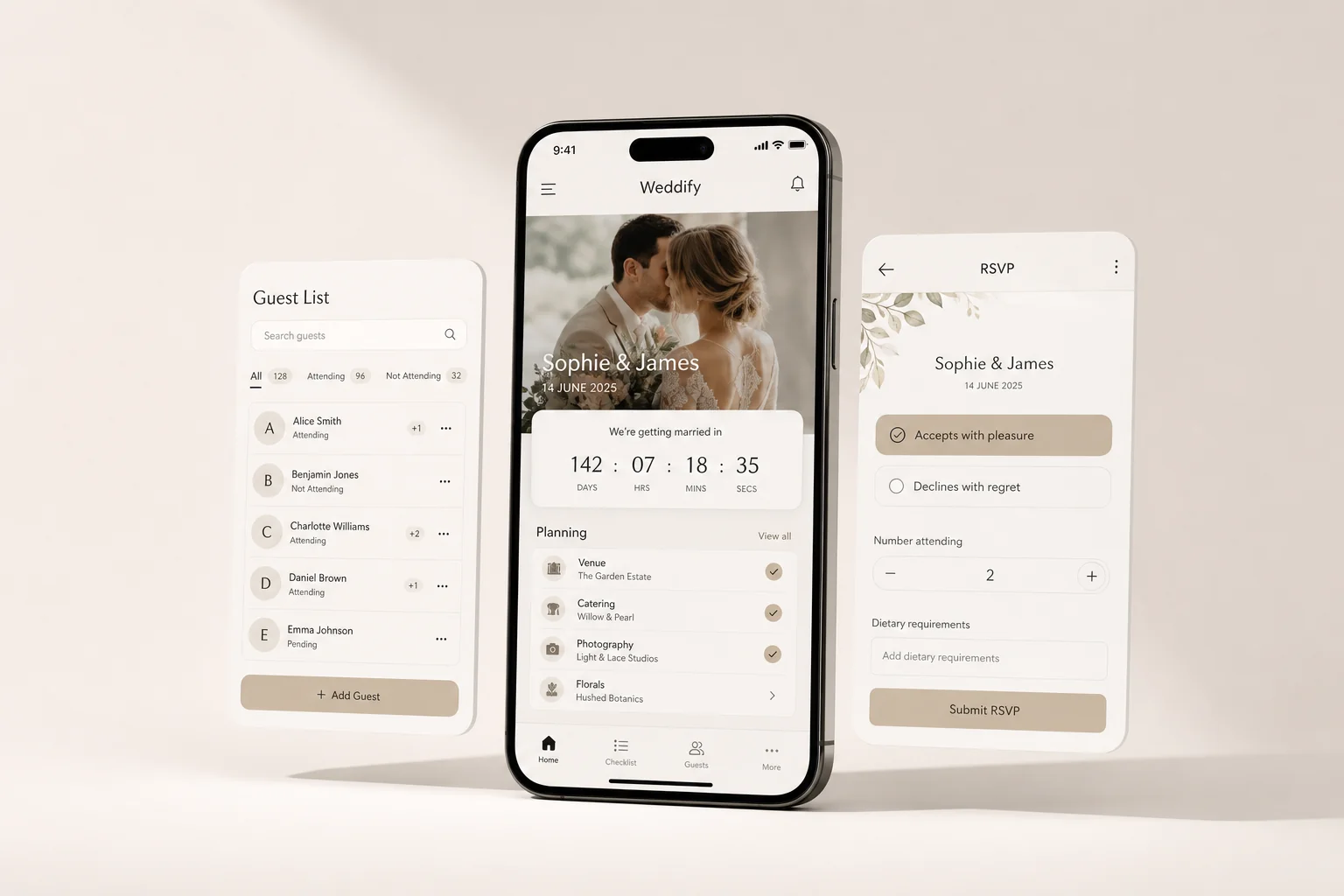 Weddify, wedding planning app shown as a premium phone mockup