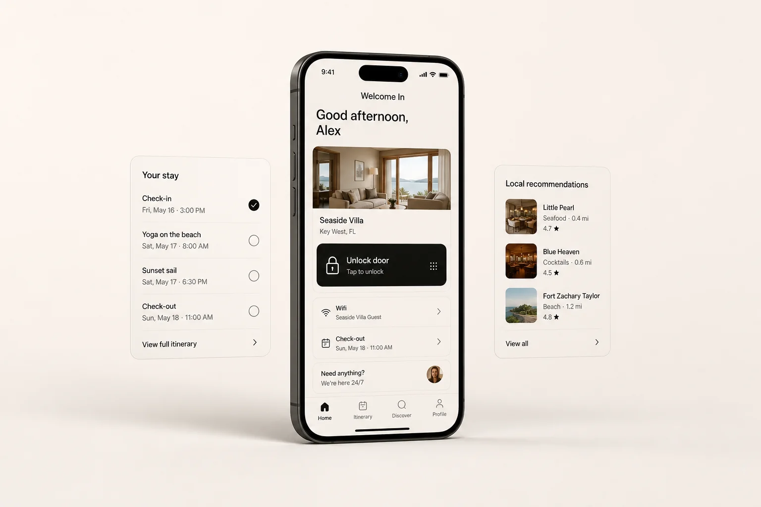 Welcome In, guest experience app shown as a premium phone mockup