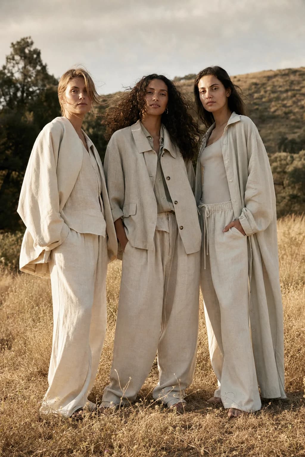 Models in a sunlit meadow