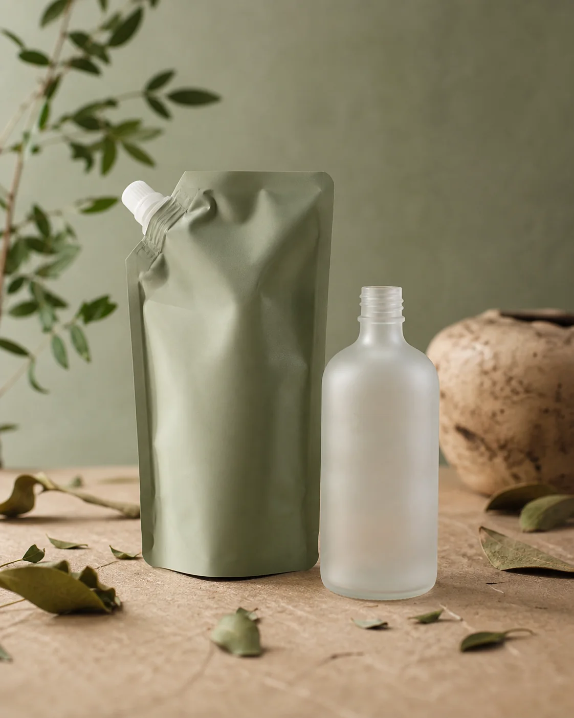 A refillable pouch and glass bottle