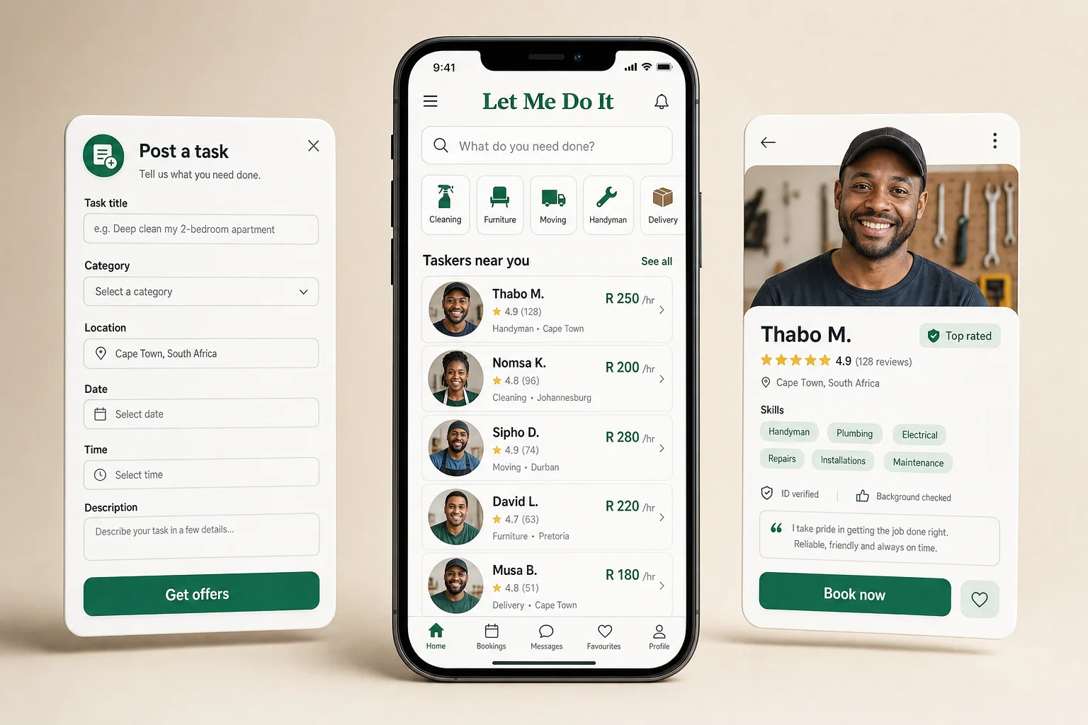 Let Me Do It, on-demand tasks and errands marketplace shown as a premium phone mockup