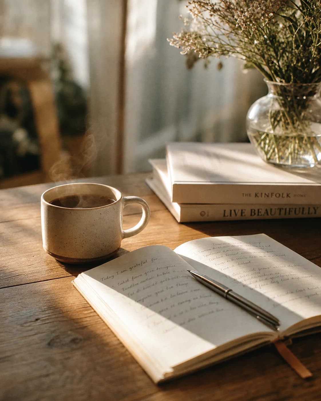 Morning coffee and an open journal in soft light