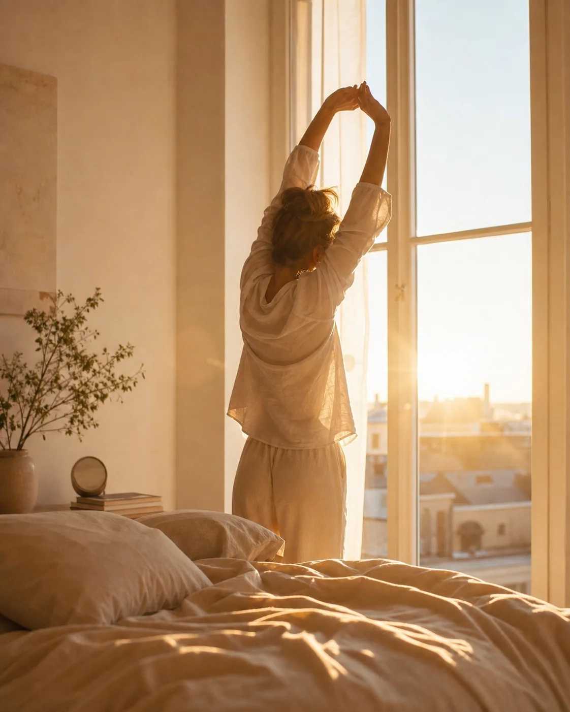 A person stretching at sunrise by a window