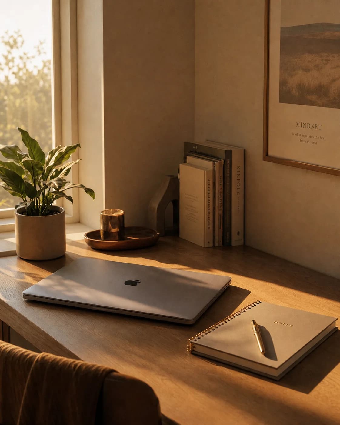 A tidy desk in warm morning light