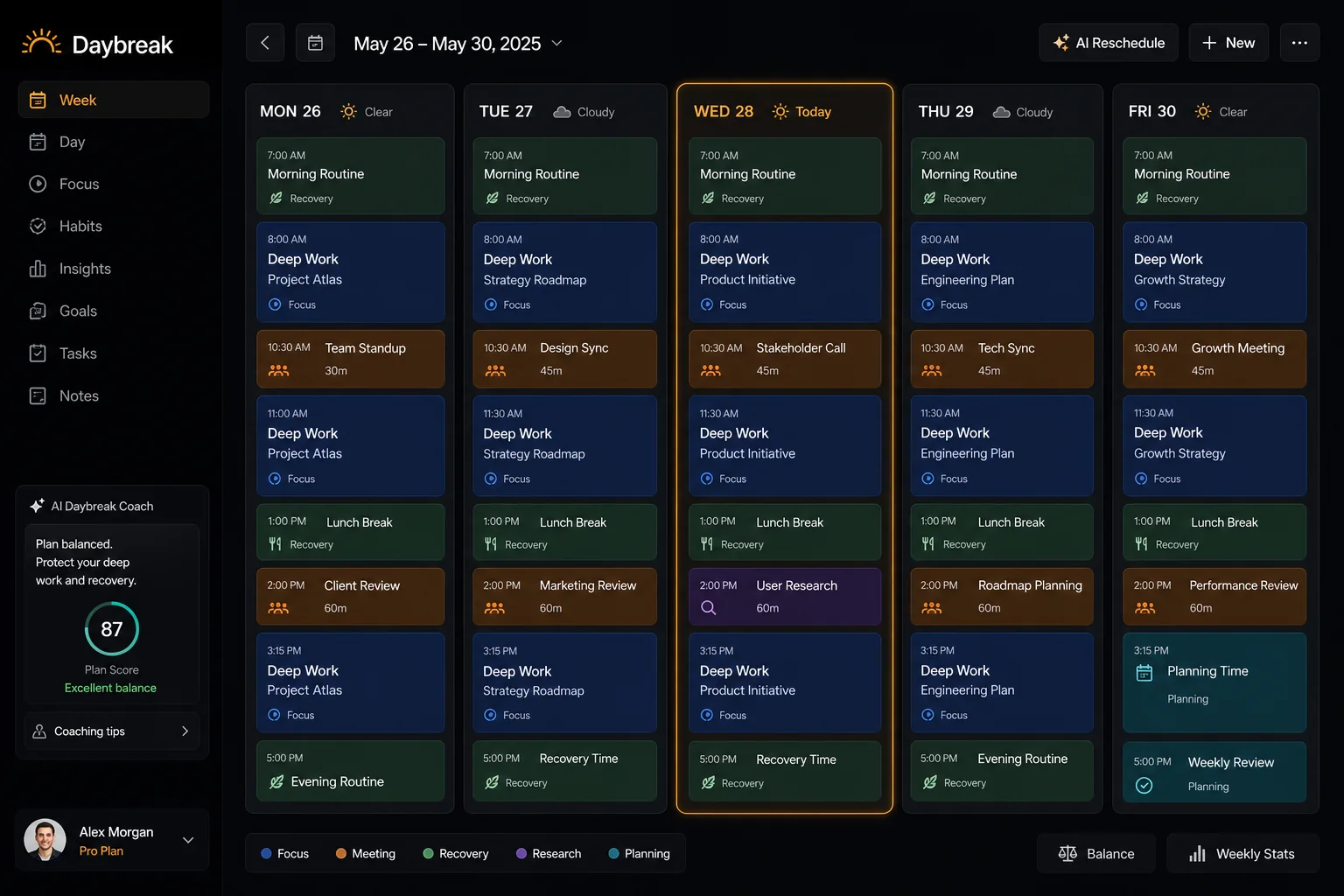 Daybreak's weekly schedule view, balanced across days