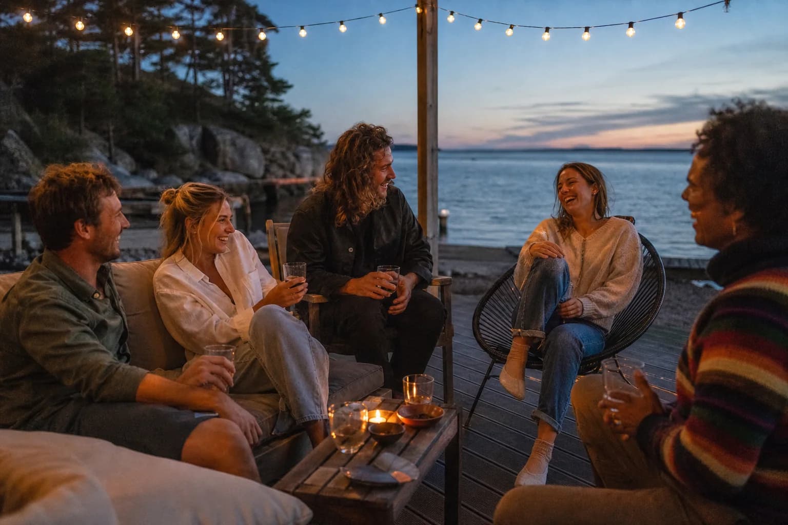 Friends gathered at a waterside deck